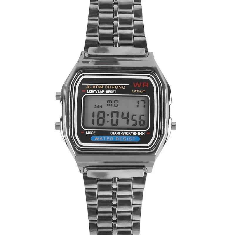 Veltora F91W digital sports watch with steel band, LED display, electronic clock, suitable for women and men, multi-functional design