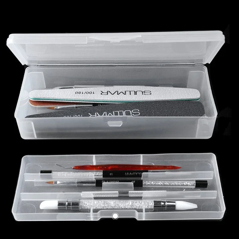 Veltora rectangle double-layer nail art storage box with tweezers, clippers, pens, buffers, and files in a plastic container.