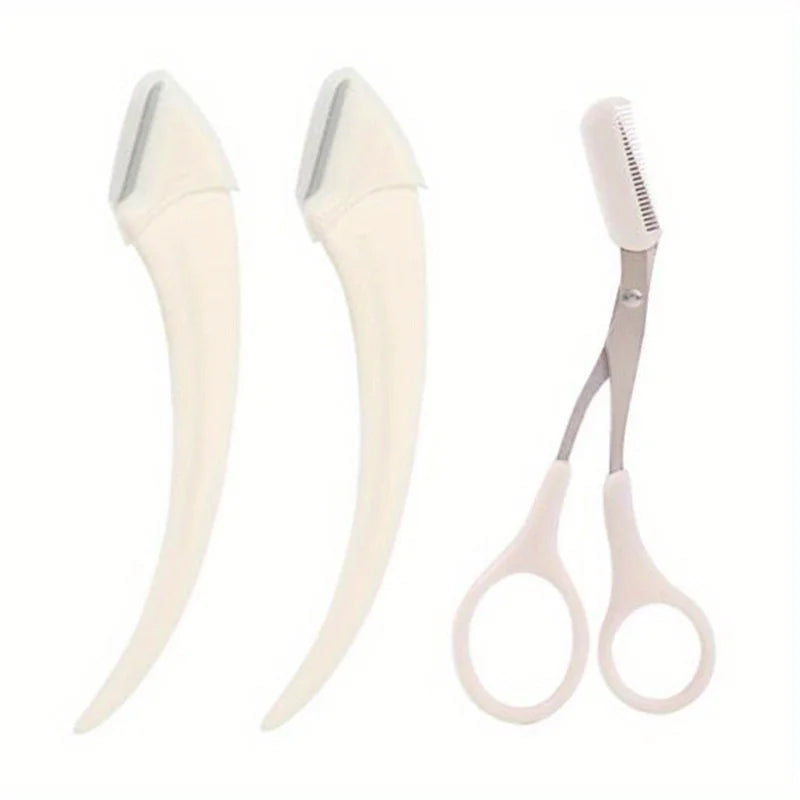 Veltora eyebrow trimmer set with curved razor, scissors, and comb for precise eyebrow shaping and grooming.