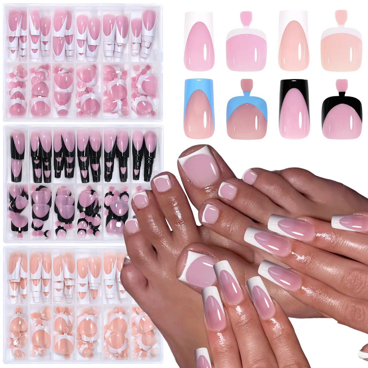 Veltora 144pcs French-style short square acrylic false toenail set with shiny full coverage for summer nail salon use