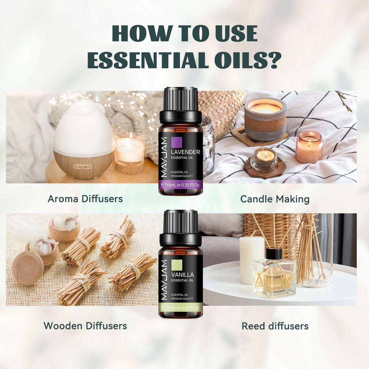 Veltora MAYJAM 10ml essential oil set with lavender, jasmine, eucalyptus, vanilla, sandalwood, bergamot, rosemary, citronella, and cinnamon