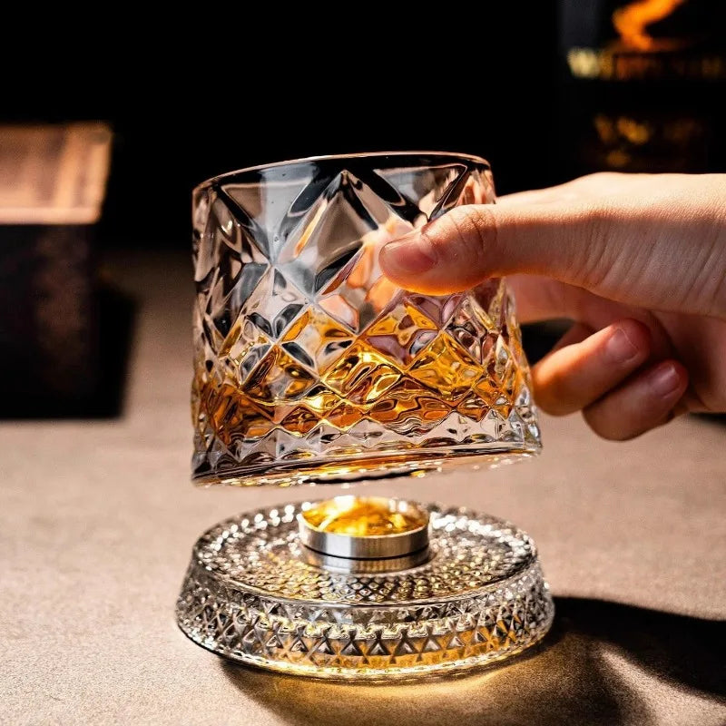 Veltora rotating whisky glasses with glass base, 360-degree spin, crystal rum glass ideal for cocktails and party drinking