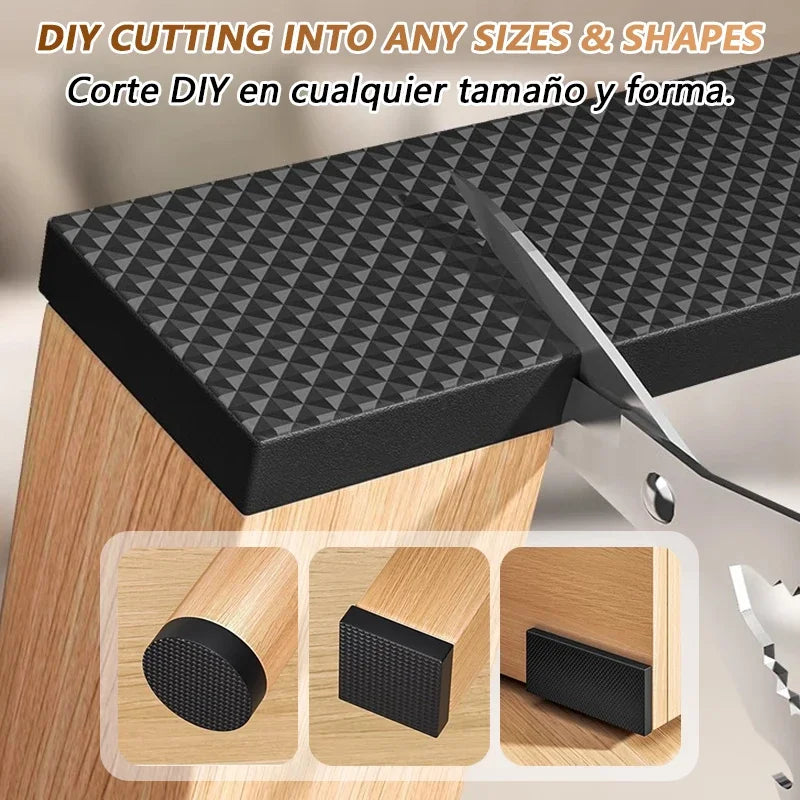 Veltora non-slip self-adhesive rubber furniture pads on chair and table legs for floor protection and heavy-duty grip.