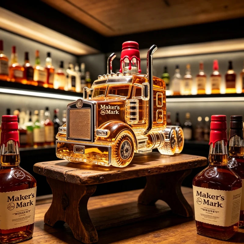 Veltora creative semi truck-shaped glass whiskey decanter with detailed design, ideal for bourbon and truck enthusiast gift.