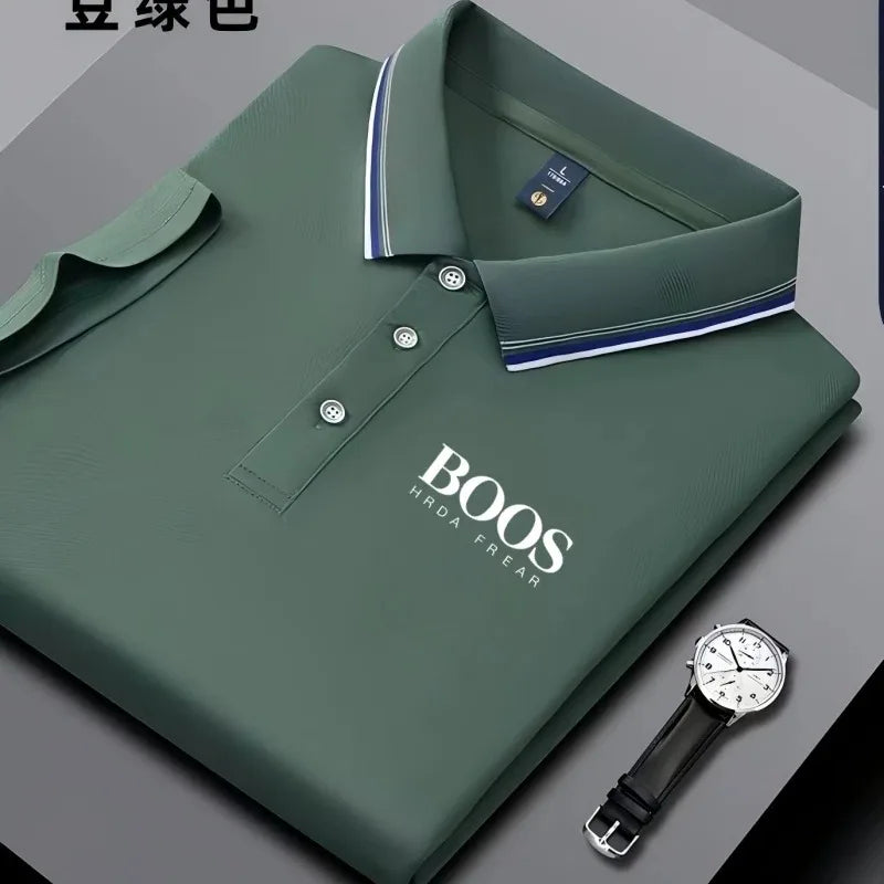 Men's Veltora business casual polo shirt with striped collar, letter print, breathable short sleeves, and comfortable fabric.