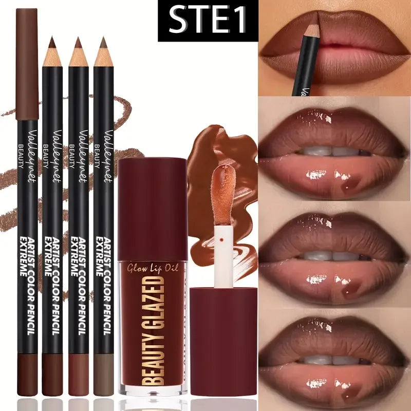 Veltora 4-piece lip kit set with three lip liners and one lip glaze in waterproof, long-lasting matte finish for versatile looks.