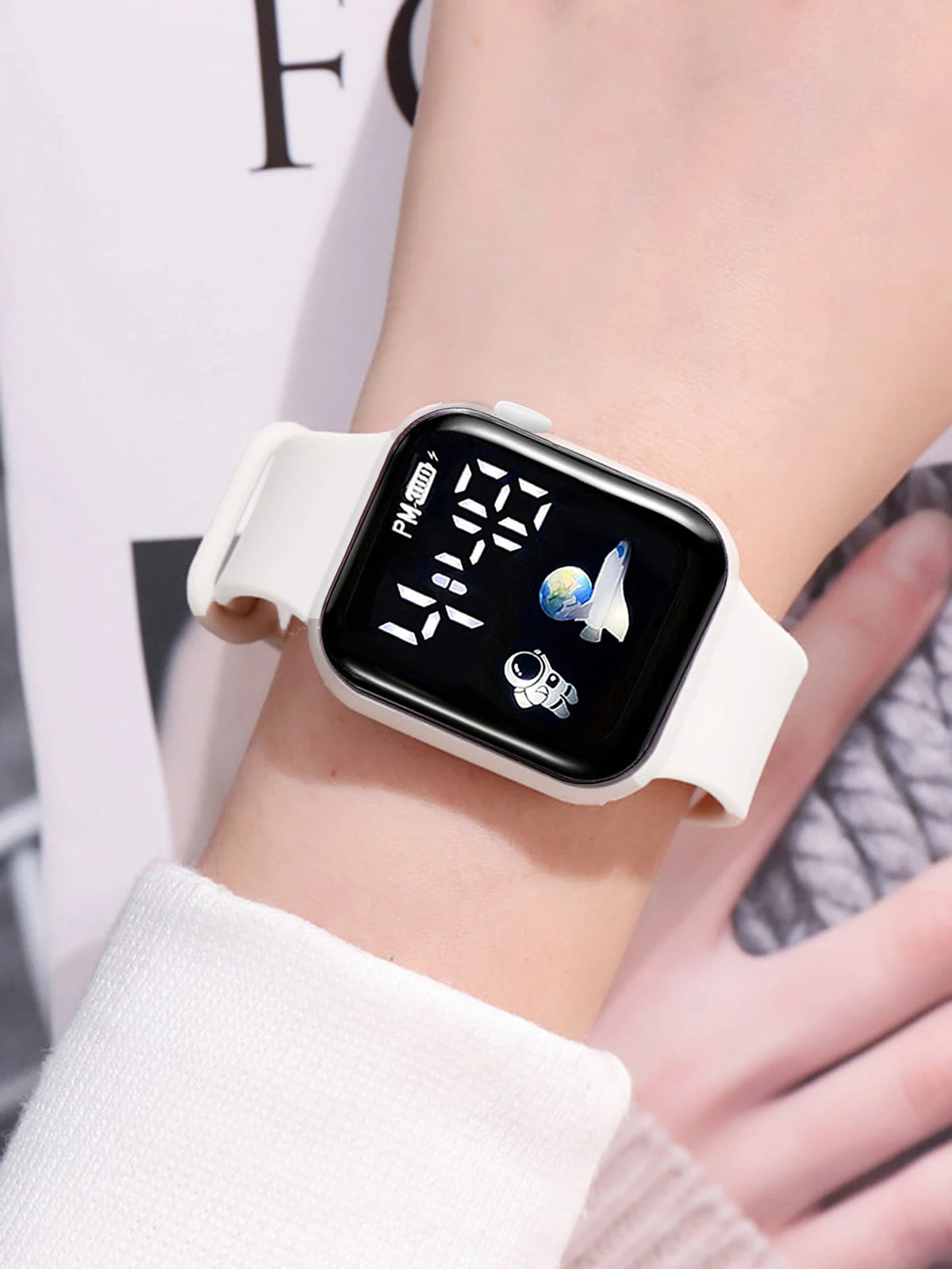 Veltora square electronic watch set with beaded butterfly design and spaceship pattern, showcasing the watch face and colorful strap