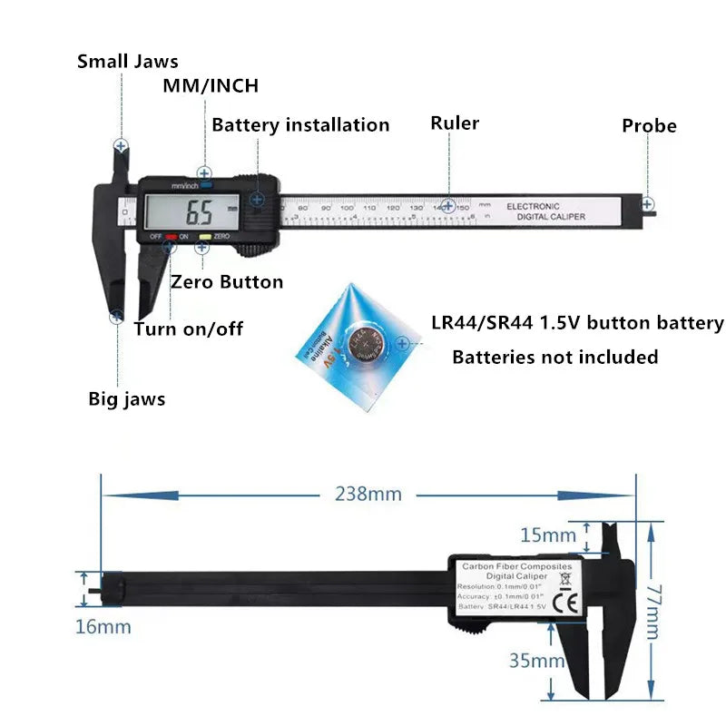 Veltora digital caliper with carbon fiber body, 150mm and 100mm measurement jaws, LCD display, precise vernier gauge for measuring