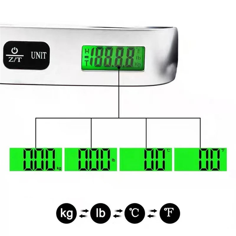 Veltora portable digital luggage scale with LCD display, 110lb/50kg capacity, hanging suitcase weight measurement tool