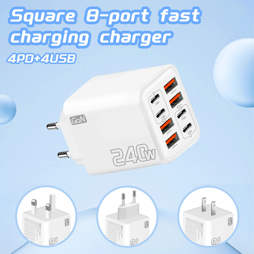 Veltora 240W GaN USB C charger with 8-in-1 fast charging ports for iPhone, Samsung, Xiaomi, EU/US plug wall adapter
