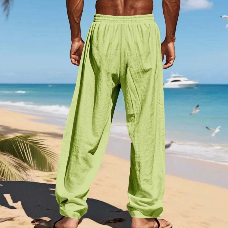 Men's breathable linen yoga pants by Veltora, loose casual sportswear with 16 color options for spring and summer.