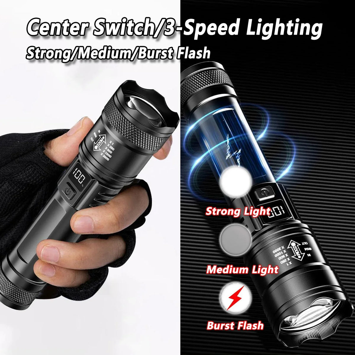 Veltora 2000LM Ultra Bright P50 LED tactical flashlight with zoom, handheld torch, emergency spotlight, with battery included
