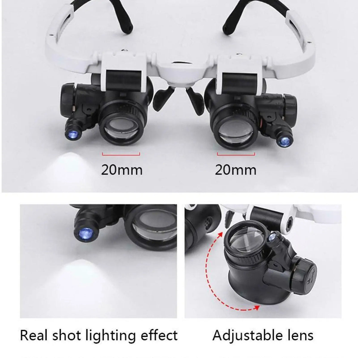 Veltora 2X LED jeweler repair magnifier headband with adjustable eye glasses and loupe lens, 8X, 15X, and 23X magnification