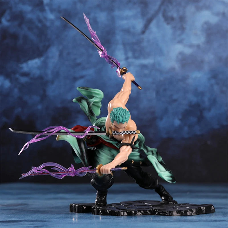 Veltora Roronoa Zoro One Piece 10cm anime PVC figure toy with three blades, action pose, collectible model for fans and kids