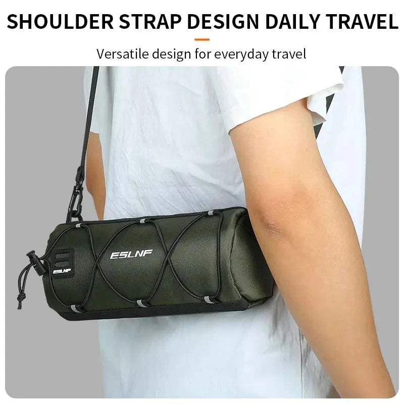 Veltora waterproof road bicycle handlebar bag with multiple compartments, mounted on an MTB bike frame for outdoor riding.