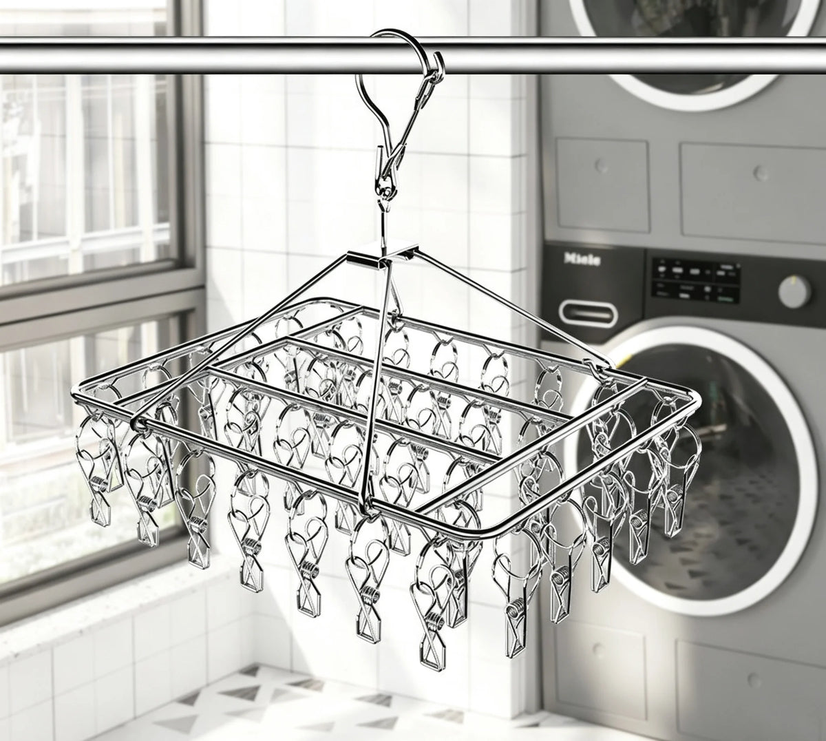 Veltora stainless steel square household clothes hanger with multiple hooks for drying socks in children's dormitory.