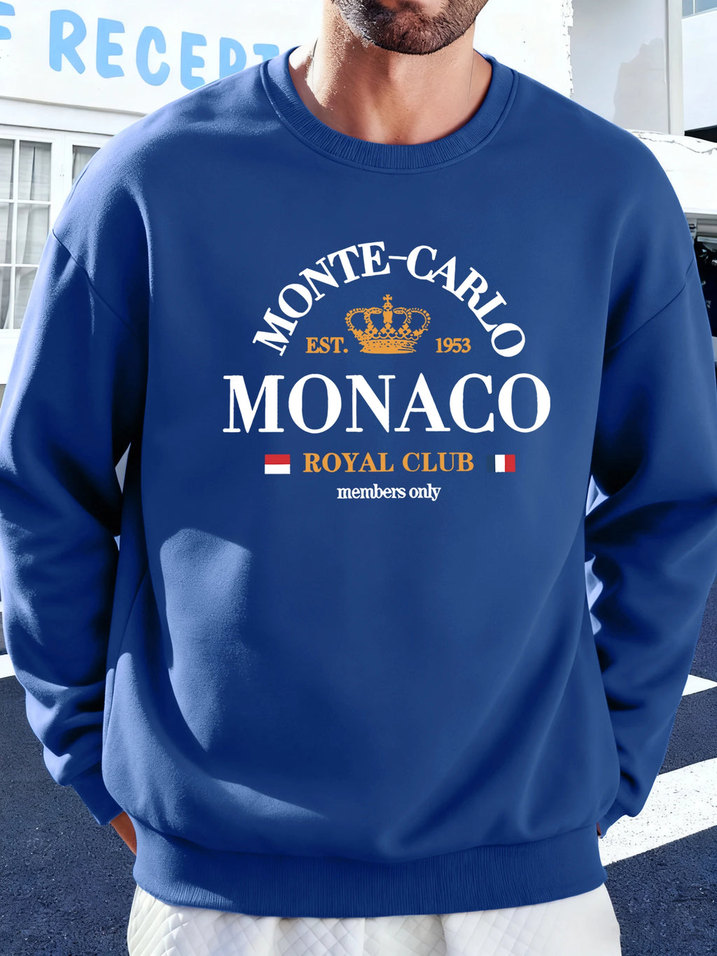 Veltora men's Monte-Carlo Monaco pattern sweatshirt with soft fleece, casual streetwear style, perfect for autumn.