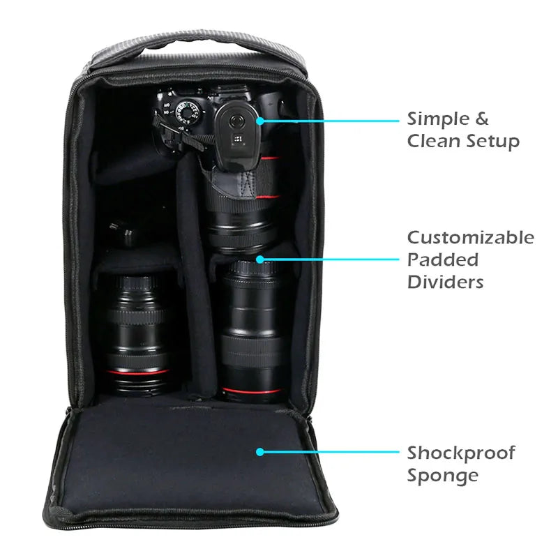 Veltora waterproof DSLR camera bag with multiple compartments, designed for Nikon and Canon DSLR cameras and lenses, outdoor use.