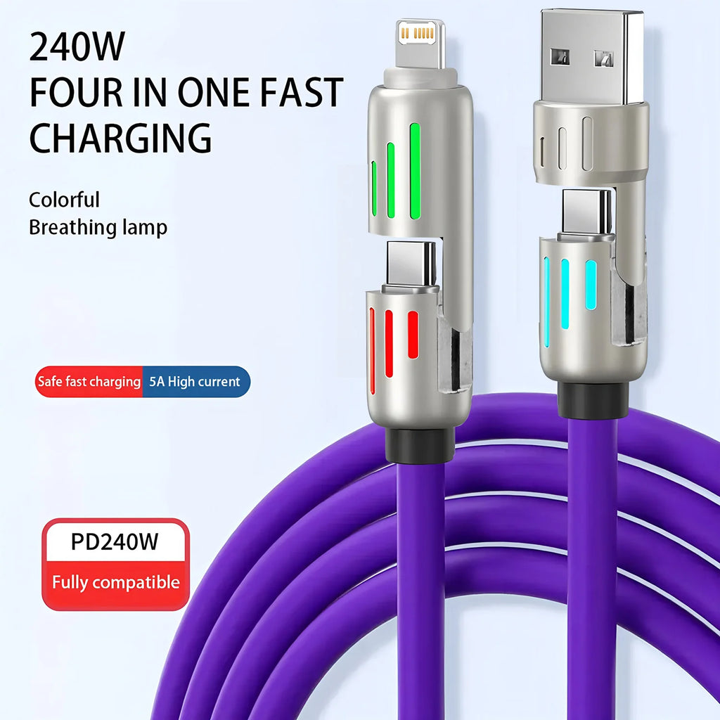 Veltora 4-in-1 240W USB Type C silicone fast charging cable with Type-C to USB A connectors for iPhone, Huawei, Samsung, Xiaomi devices