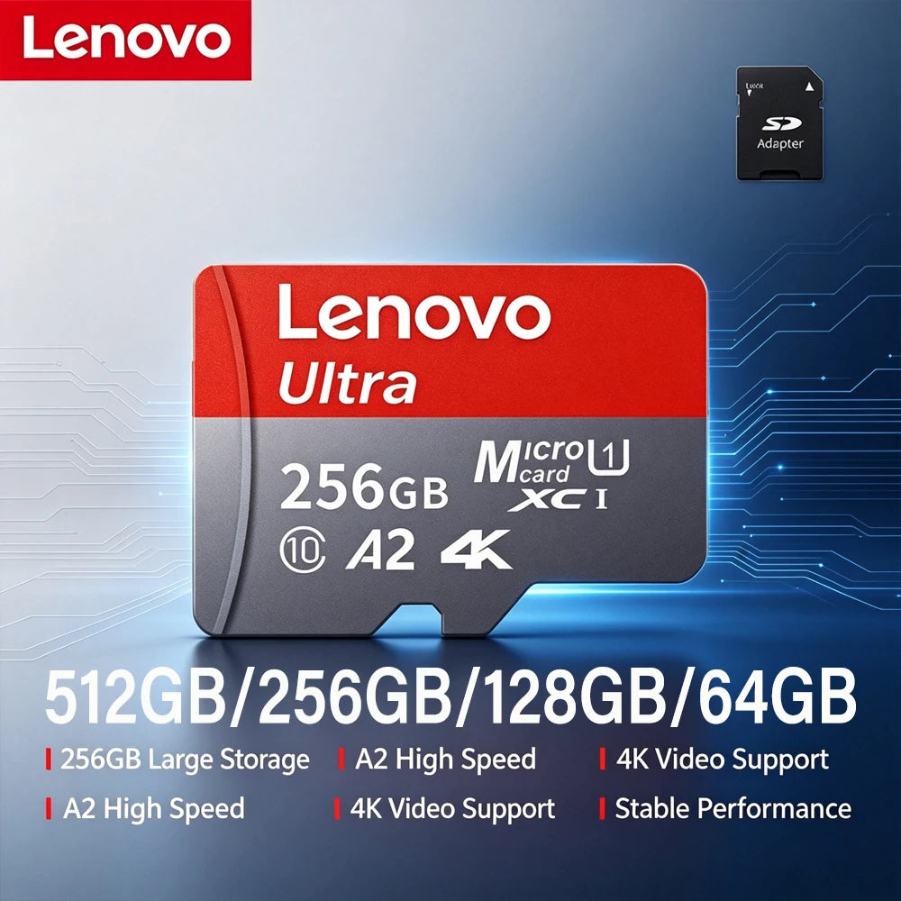 Lenovo 512GB high-speed microSD memory card by Veltora, perfect for 4K videos, phones, GoPro, action cameras, and more.