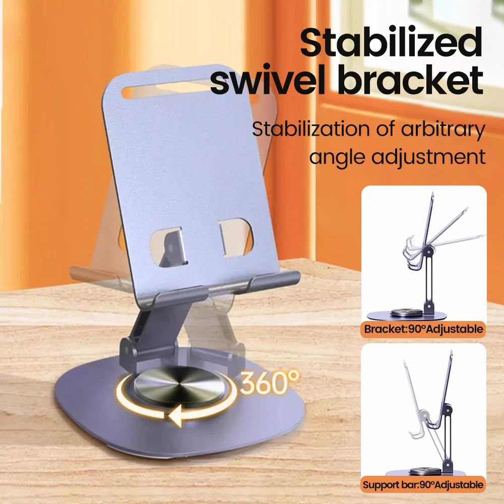 Veltora Olaf rotating desktop phone holder and stand for iPad, Samsung, iPhone 15, 14, 13, mounted on a table.