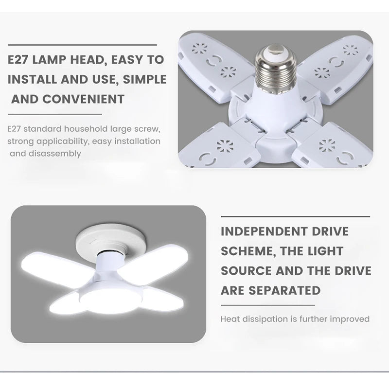 Veltora E27 fan shape foldable 28W LED bulb in white, 6500K, suitable for ceiling lights, warehouse, and garage lighting.