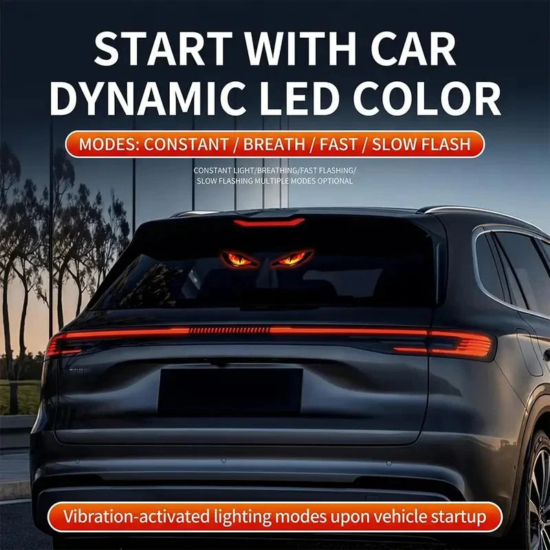 Veltora solar-powered neon car ambient light featuring a demon eye design, wireless, USB rechargeable, with suction cup for easy installation.
