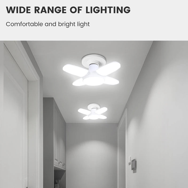 Veltora E27 fan shape foldable 28W LED bulb in white, showing deformation design for ceiling, warehouse, and garage lighting.
