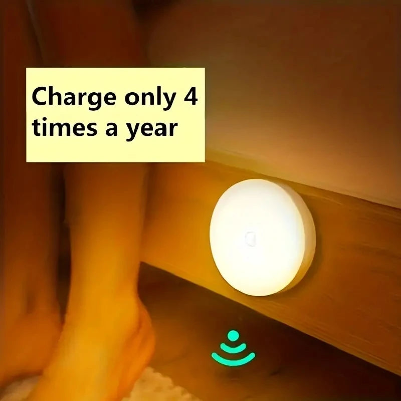 Wireless LED motion sensor night light by Veltora, illuminating bedrooms, staircases, and closets with automatic detection.