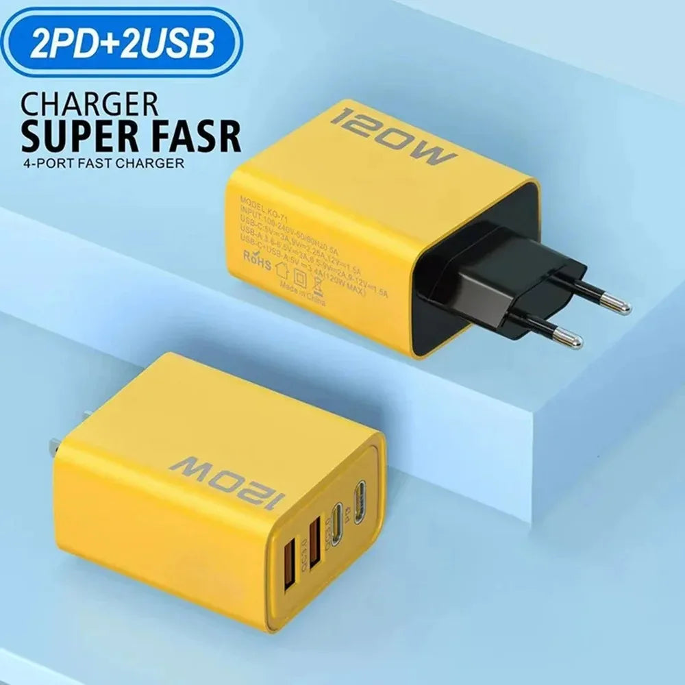 Veltora 120W USB Type C charger with four ports for fast charging iPhone, Samsung, Xiaomi smartphones and devices.