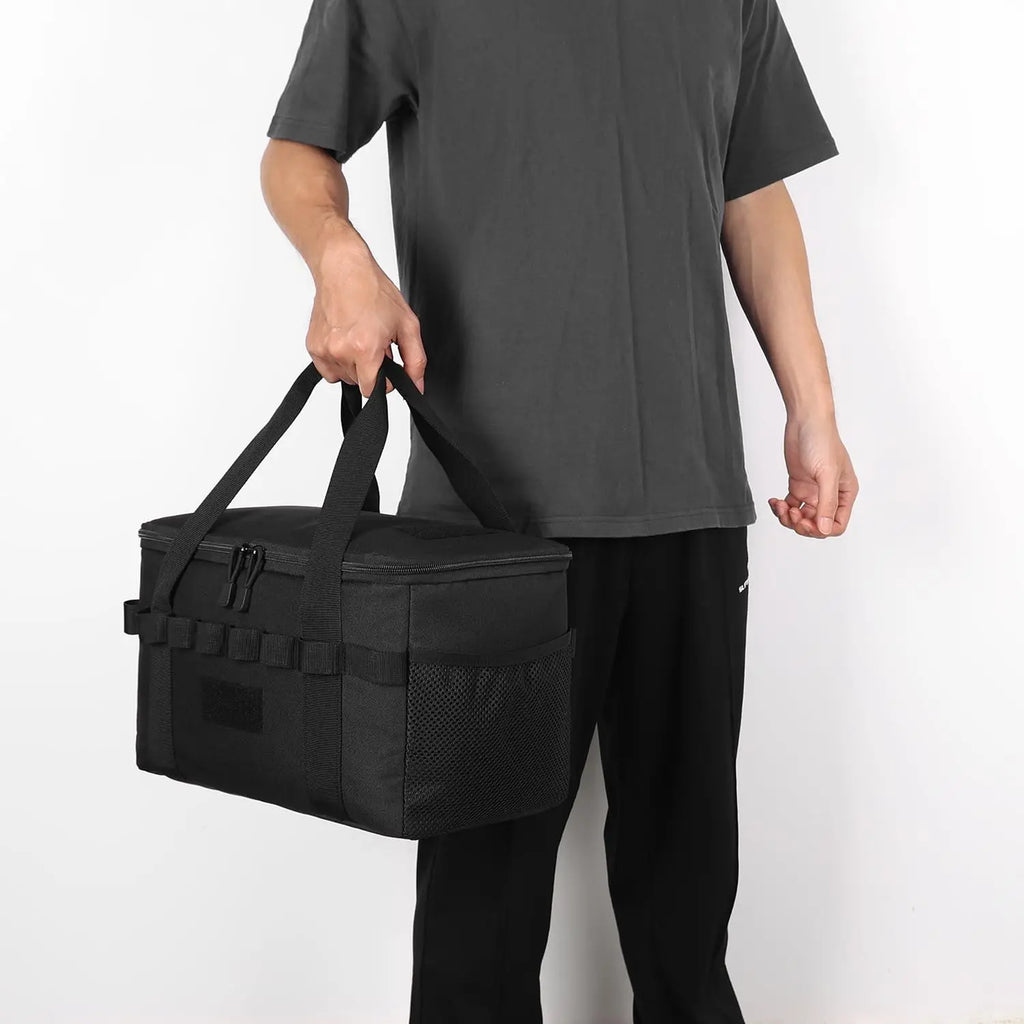 Veltora outdoor camping tactical bag in black with 14L capacity, multiple compartments, and versatile tool and picnic gear organizer