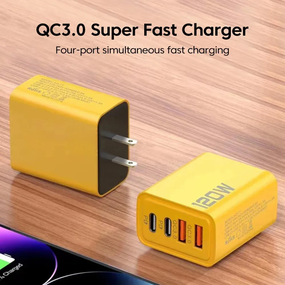 Veltora 120W USB Type C charger with four ports for fast charging smartphones like iPhone, Samsung, and Xiaomi.