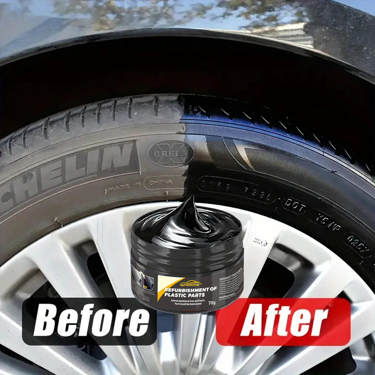 Veltora automotive plastic repair agent and polishing wax for interior and exterior plastic, scratch repair, and tire restoration.