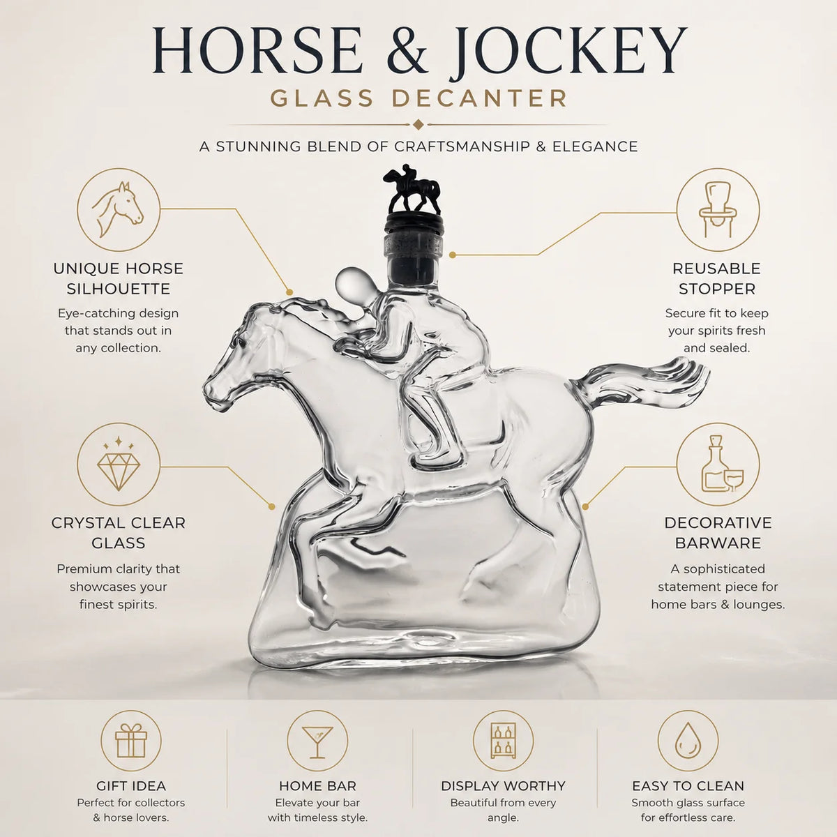 Veltora racing horse jockey glass decanter with crystal whiskey bottle, elegant bar decor and gift for men, detailed horse and jockey design