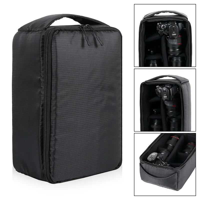 Veltora waterproof DSLR camera bag with multiple compartments for Nikon and Canon DSLR cameras and lenses, outdoor use.