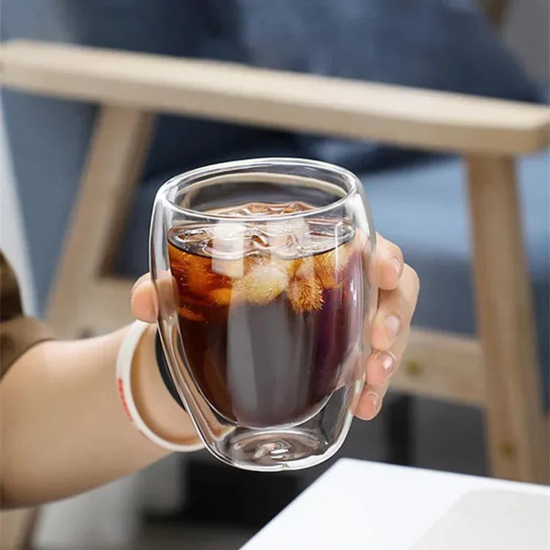 Veltora double wall insulated glass cup in clear, available in 5 sizes, ideal for espresso, coffee, tea, or whiskey drinks