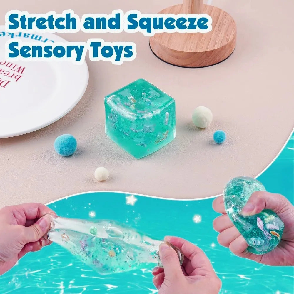 Veltora Taba Squishy Stress Ball Cube in ocean blue, slow rise fidget toy for kids and adults, squeezable sensory relaxation toy
