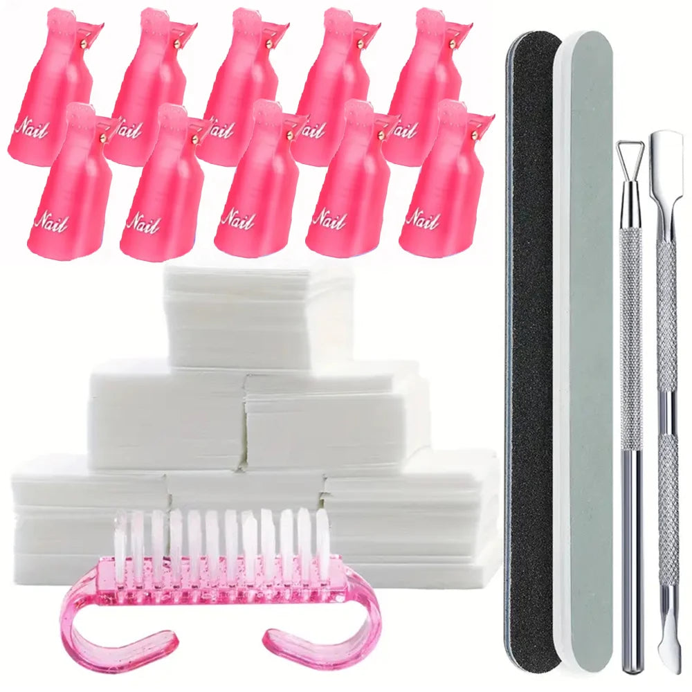 Veltora nail soak off clip and cap set with cotton pads, file, pusher, and brush for UV gel polish removal and manicure care.