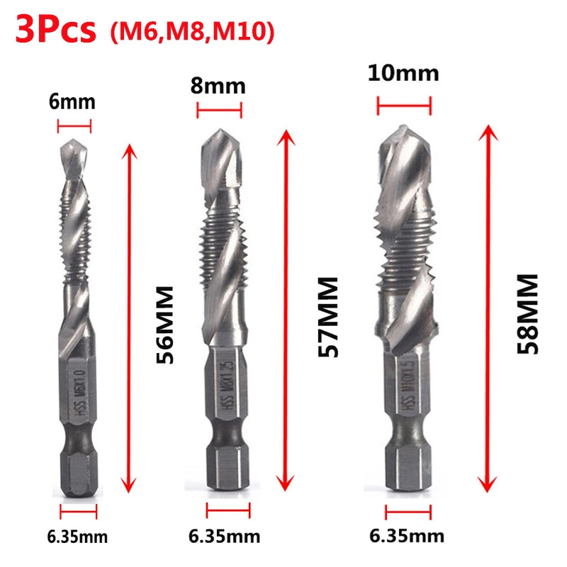 Veltora titanium plated HSS screw thread metric tap drill bits set with hex shank for M3 to M10 screw machine threading.