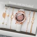 Veltora women's fashion watch set with heart dial, leather band, leaf bracelets, casual style, analog quartz movement.