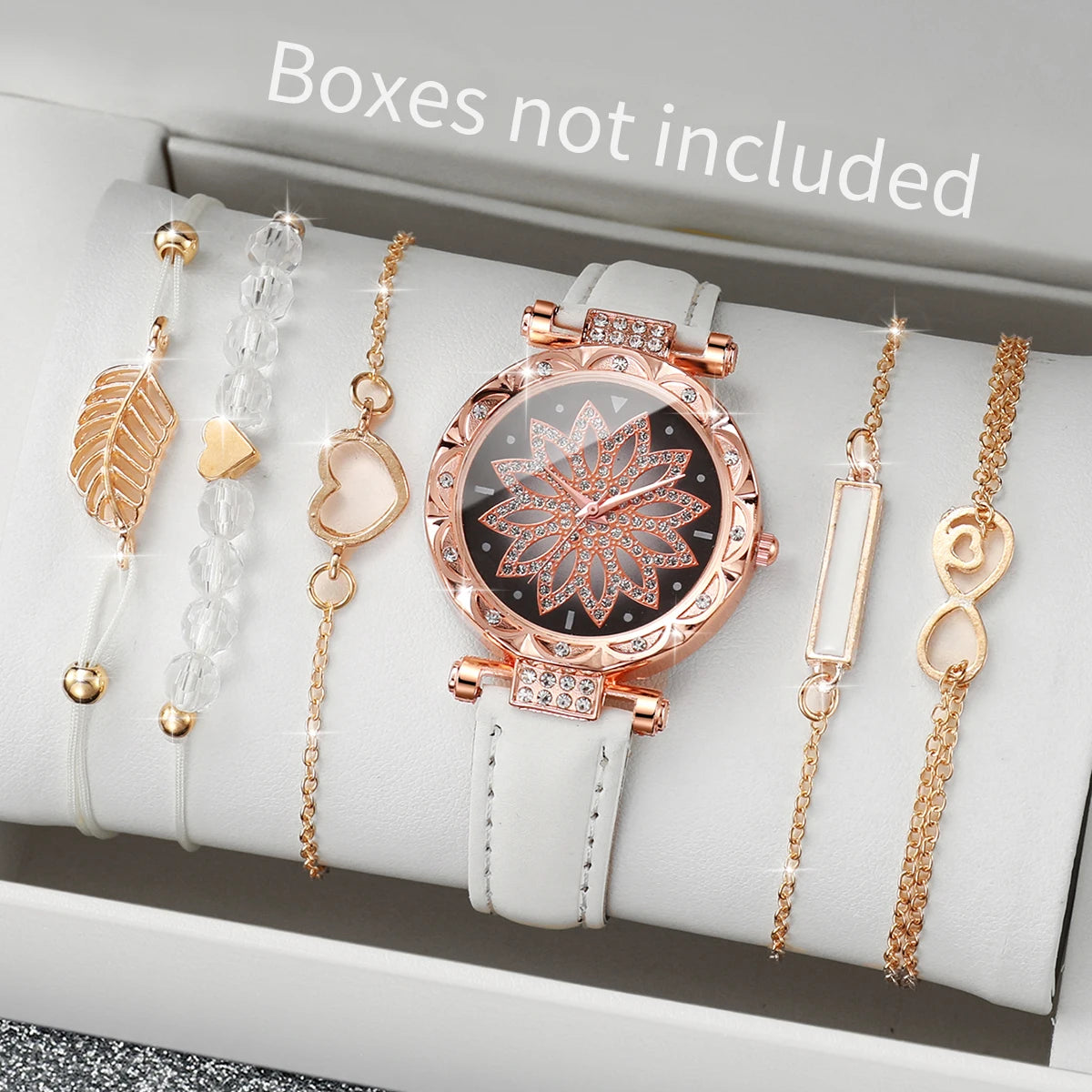 Veltora women's fashion watch set with heart dial, leather band, leaf bracelets, casual style, analog quartz movement.