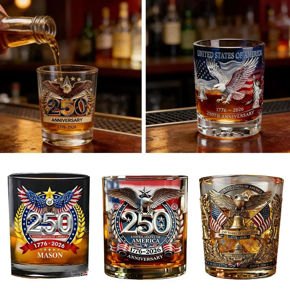 Veltora America 250th Anniversary whiskey glass with patriotic eagle design and rotating cup feature, hand-blown glassware.