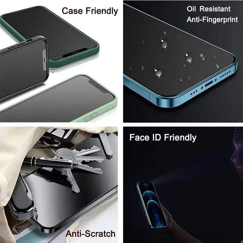Veltora anti-spy privacy screen protector for iPhone 15, 14, 13, 12, 11, 16, 17 Pro Max and Mini models, visible on iPhone screen.