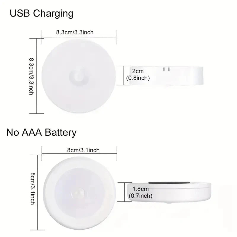 Wireless Veltora motion sensor night light illuminating a bedroom, staircase, and closet with soft LED light.