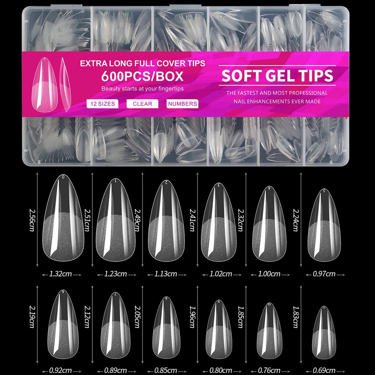 Veltora short almond gel nail tips in various sizes, full cover false nails for acrylic nails, salon and home press-on manicure