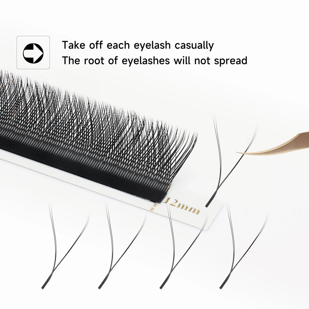 Veltora XIUSUZAKI W Shaped Bloom 2D-8D eyelash extensions with premade fans and automatic flowering design on a display card.