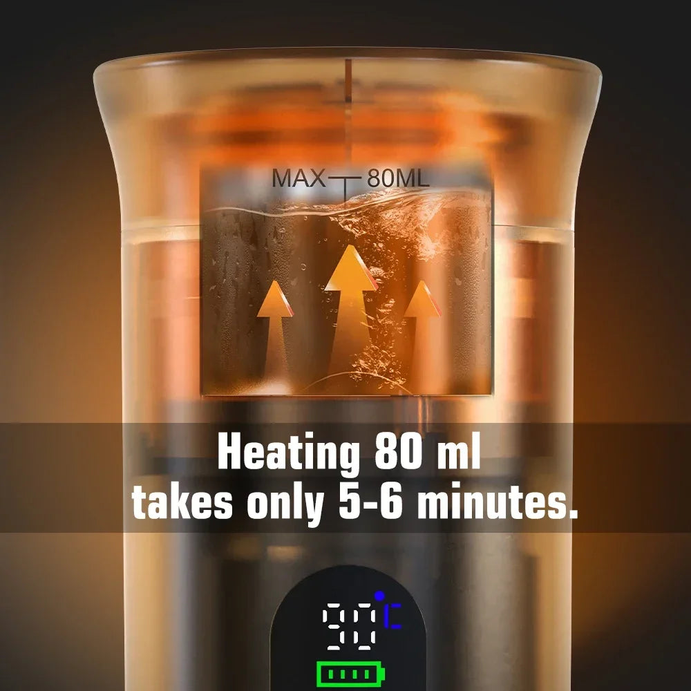 Veltora DENOKIN portable espresso coffee machine with digital display, compact 3-in-1 capsule coffee maker for car, home, and camping.
