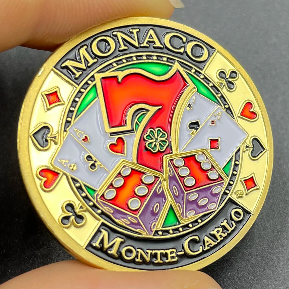 Veltora Monaco Monte-Carlo Casino gold coin poker pattern number 7 lucky medal in capsule with electroplating finish