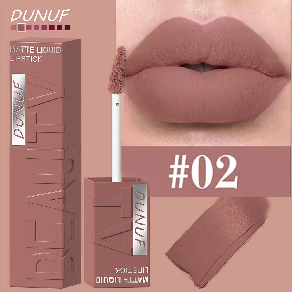 Veltora DUNUF 8-color matte velvet square tube lip gloss with waterproof, plumping formula, featuring smooth, easy-to-apply lipstick.