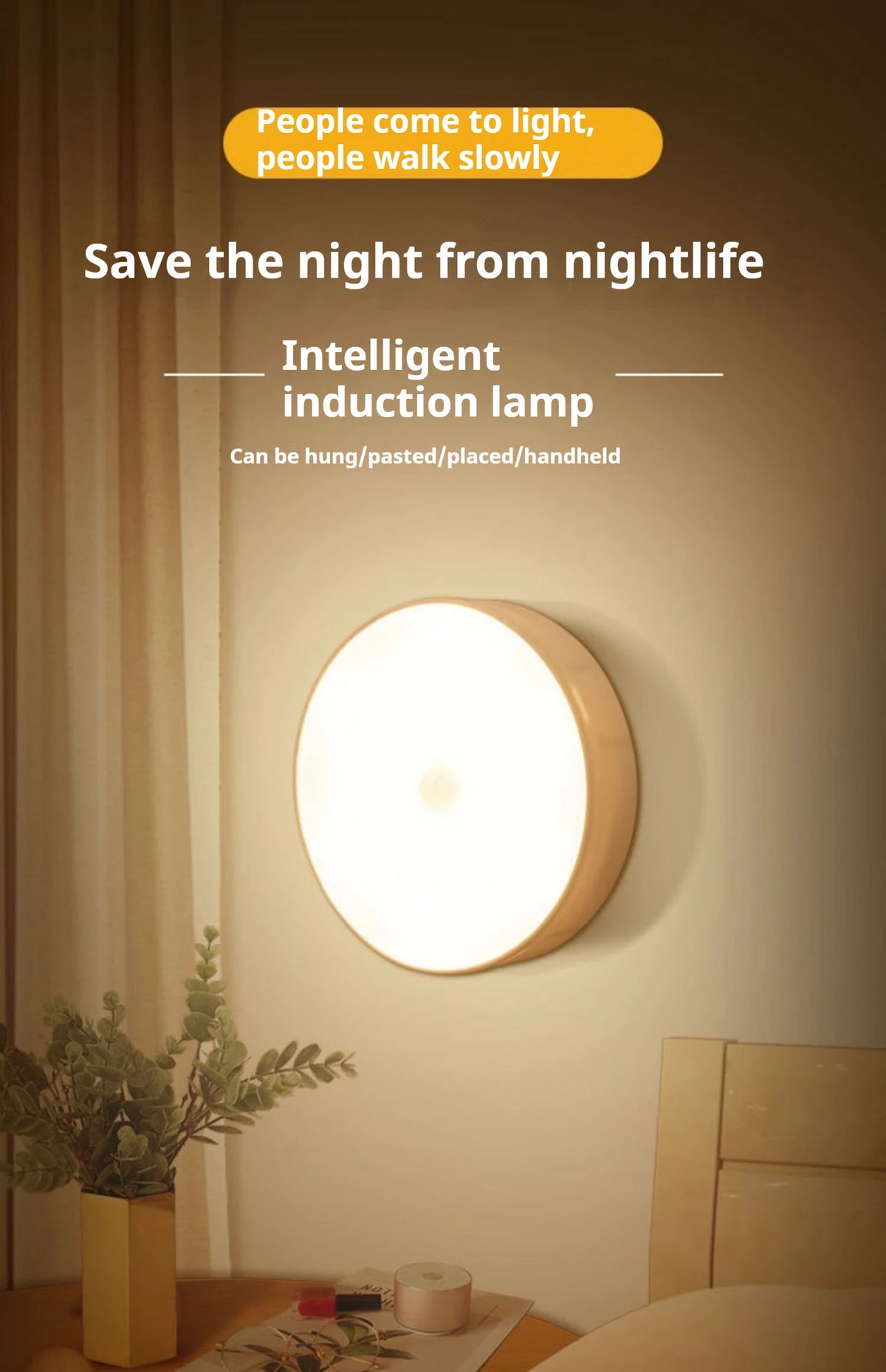 Wireless Veltora motion sensor night light with LED for bedroom, staircase, closet, or room decor, detecting motion automatically.